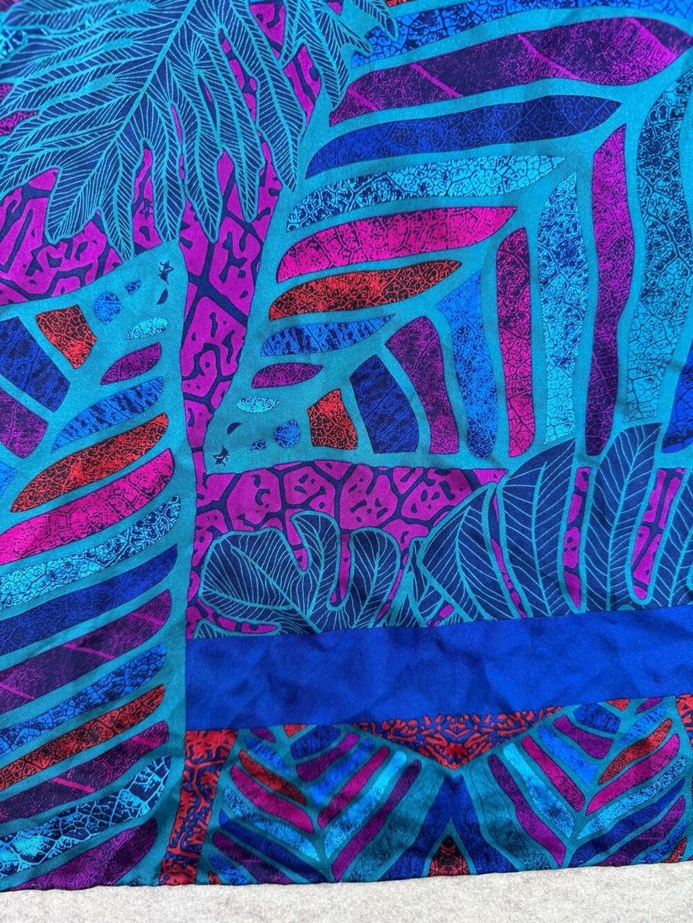 Pineda Covalin Silk Scarf Tropical Leaf Blue Purple 33” Square Boho Cottagecore - Picture 5 of 9